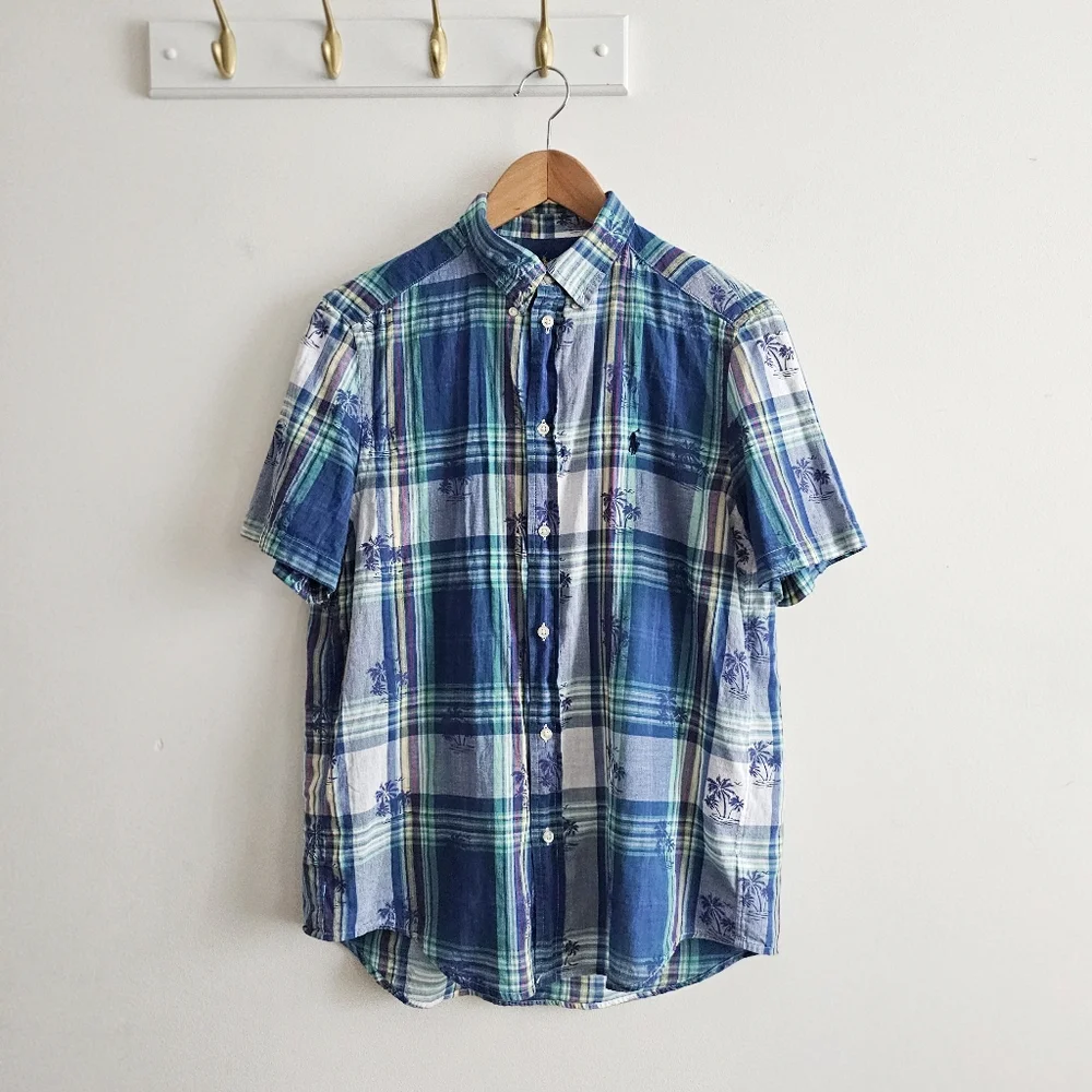 VTG Ralph Lauren Plaid Palms Short Sleeve Button Down Shirt Blue Green Youth XL